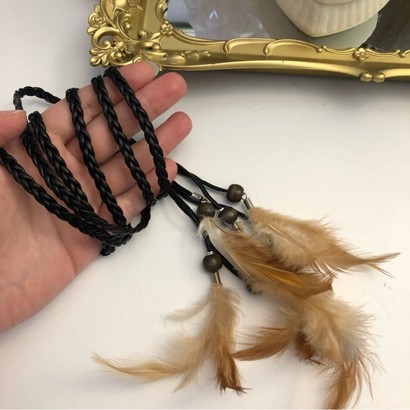 Jewelry - Leather Strand Wrap Choker with Feathers